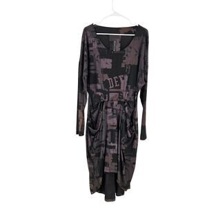 Gershon Bram Hi-Low Dress Black Brown Long Sleeve Pockets Lagenlook Midi Size S